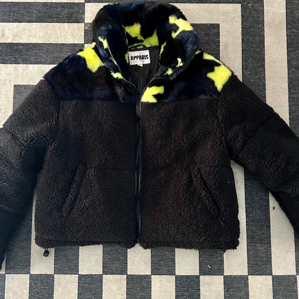 APPARIS* black faux fur jacket with camo detail